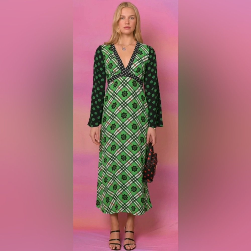 EUC Rixo Deanne Floral Check Mix Green And Black Long Sleeve Dress